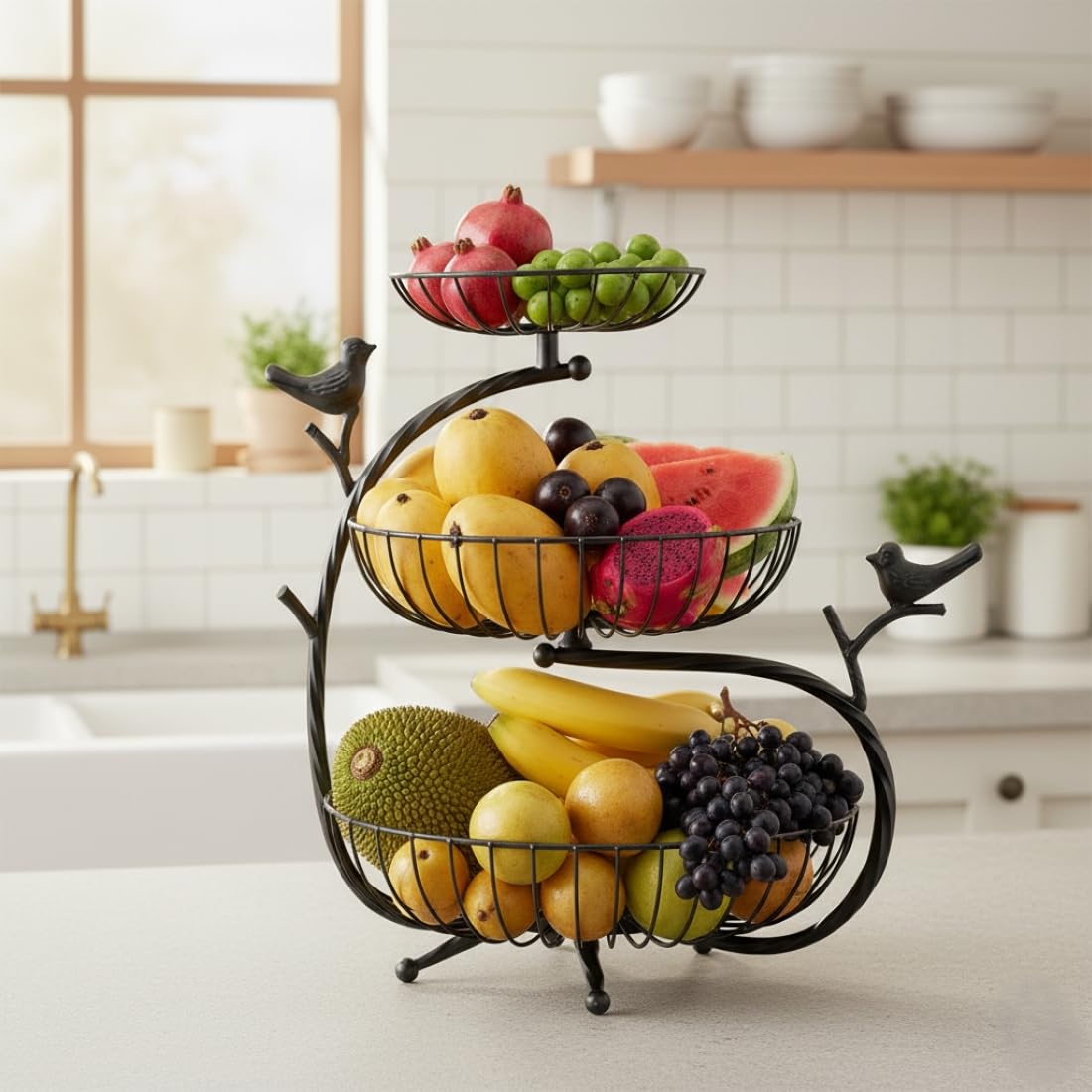 PRIME KRAFTS 3 Tier Fruit and Vegetable Basket | Metal Wire Countertop Organizer Stand for Home and Kitchen | Bird Design Decorative Storage Basket for Kitchen - Black 4