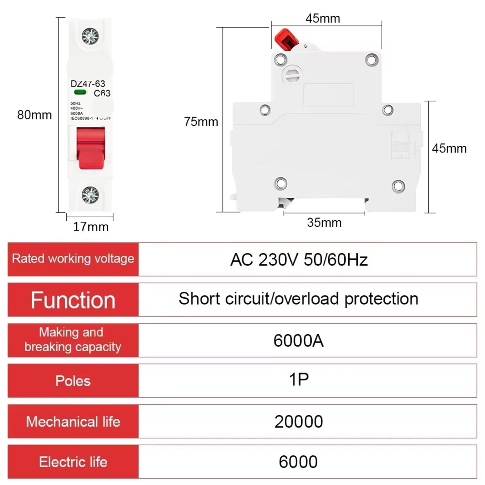 1P AC 230/400V MCB DZ47 C Type Circuit Breaker Switch Din Rail 1Pcs(50A)