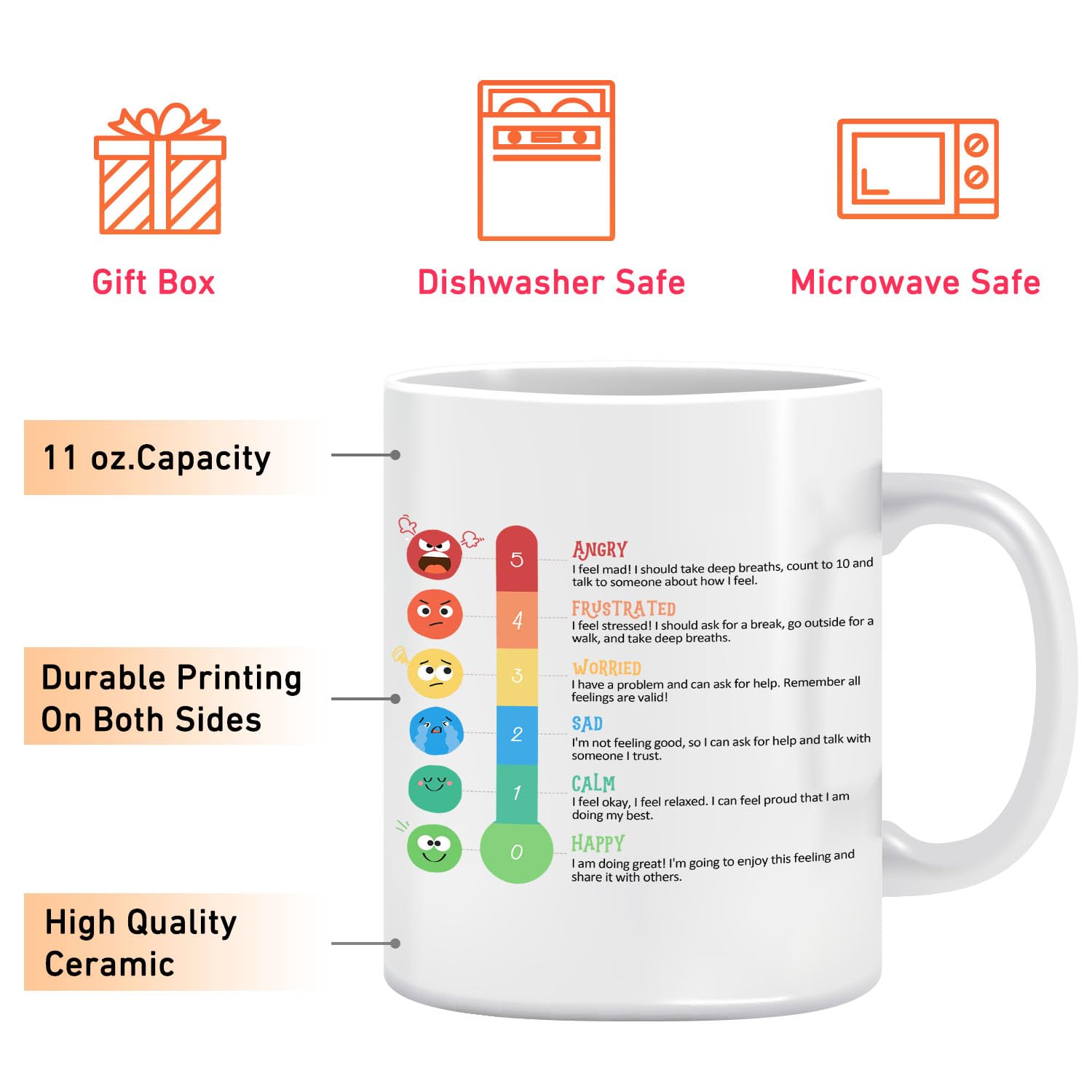 LNOKRIM Taza de café con texto en inglés "How Are You Feeling", taza de café con tabla de sentimientos de estado de ánimo, regalo para amigos, profesores, terapeutas, consejeros, taza de café de