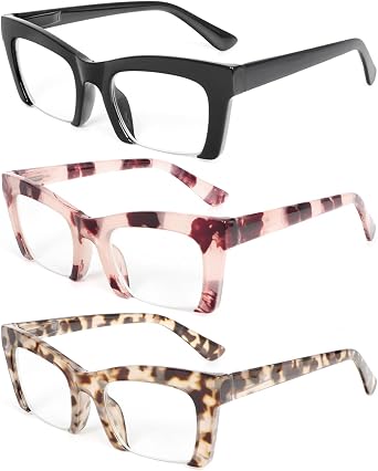 DXYXYO Reading Glasses for Women 3 Pack with Spring Hinge, Blue Light Blocking Readers with Square Thick Half Rimless Frame