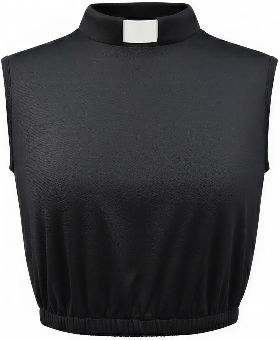 Women's Sleeveless Tab Collar Clergy Cropped Shirt - Elastic Waist & Keyhole Back Pastor Top with Removable White Tabs - Image 5