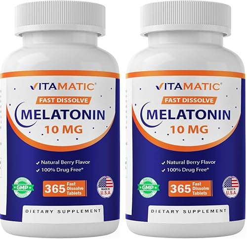 Vista 10 de Vitamatic Tabletas de melatonina de 10 mg Vegetariano, sin OMG, sin gluten Suministro de 1 año Sabor natural a bayas - 365 tabletas