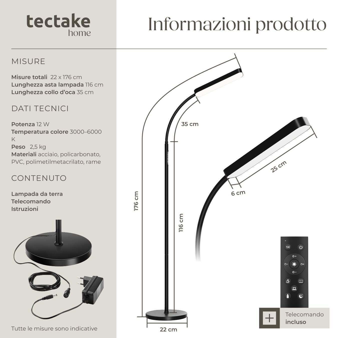 Lampada da terra con luce da lettura Mirasol , in metallo, H181cm, LED