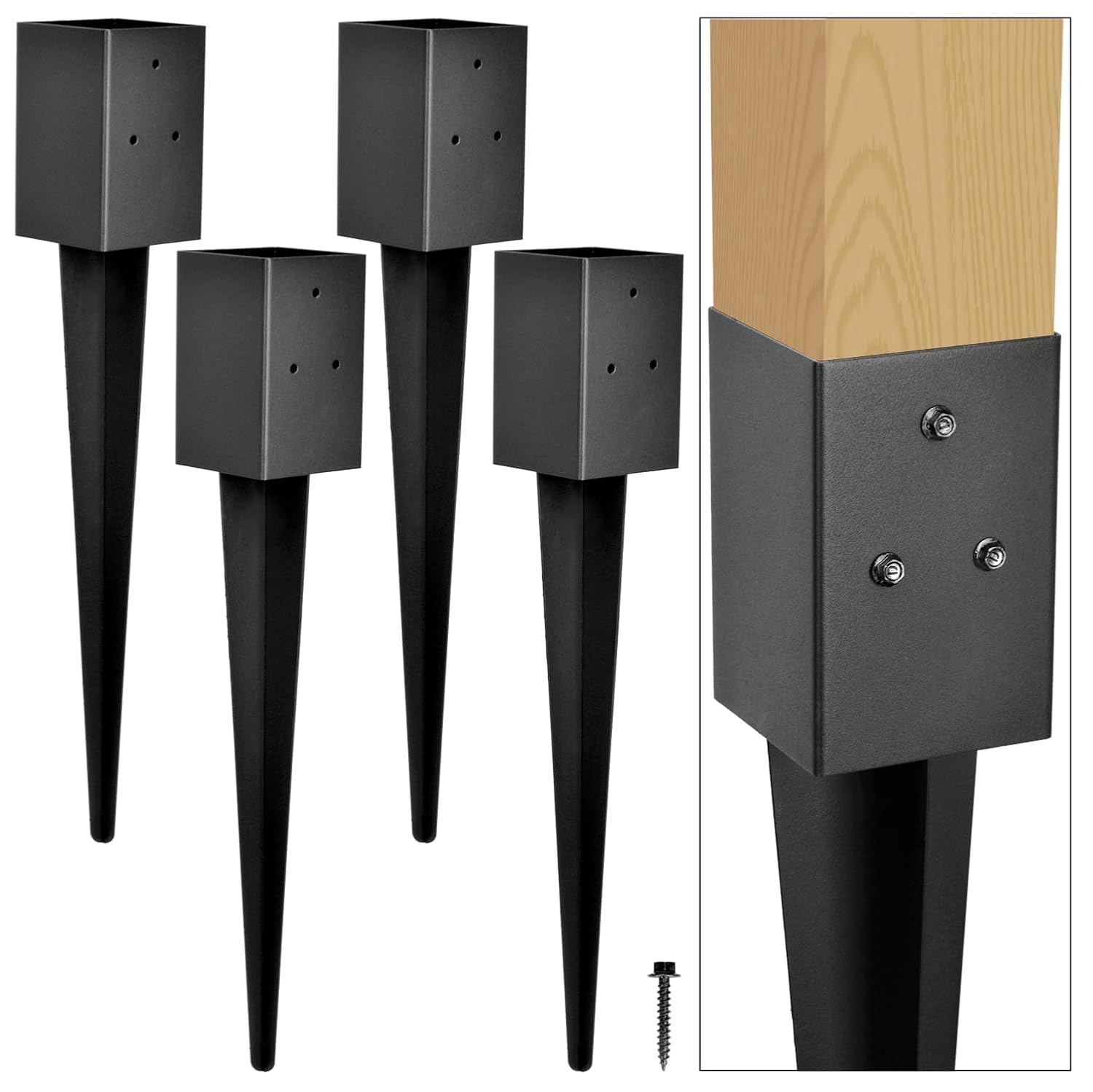 Heavy Duty Metal Fence Post Anchor Ground Spike 31.5''x4''x4'' for Fence, Mailbox, Bird Feeder, Decking, Banner, ... with The Black Powder Coating Cover on The Surface (Set 4)