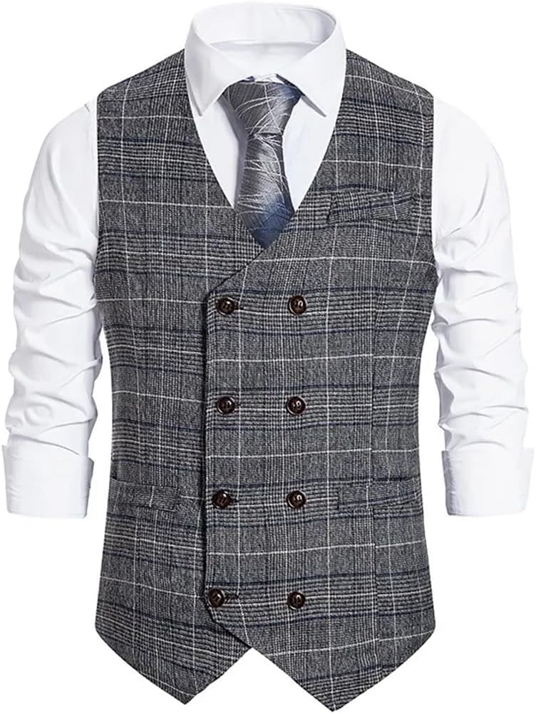 Men's Four Seasons Retro Suit Vest Plaid Double-Breasted Casual Business Party Vest
