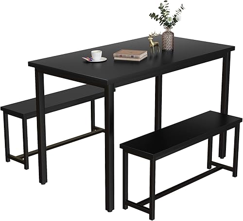 Miniatura 5 de Recaceik Juego de mesa de comedor de 47 pulgadas con bancos, juego de mesa de comedor de 3 piezas para 4, juego de mesa de cocina y sillas de madera
