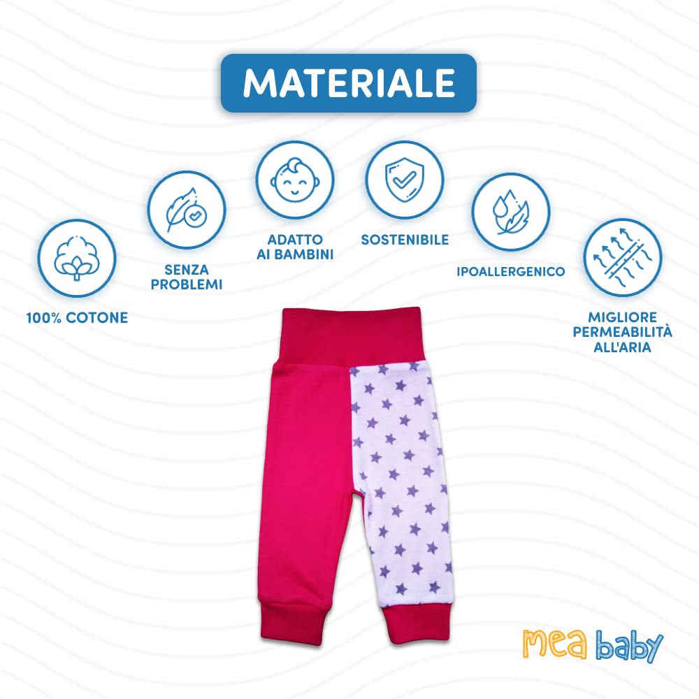 MEA BABY Pantaloni Senza Piedi Stampati | Pantaloni per Neonati, per Bambine e Bambini | Unisex | Tutine per Neonati | 100% Cotone | Multipack di 5, Senza Piedi