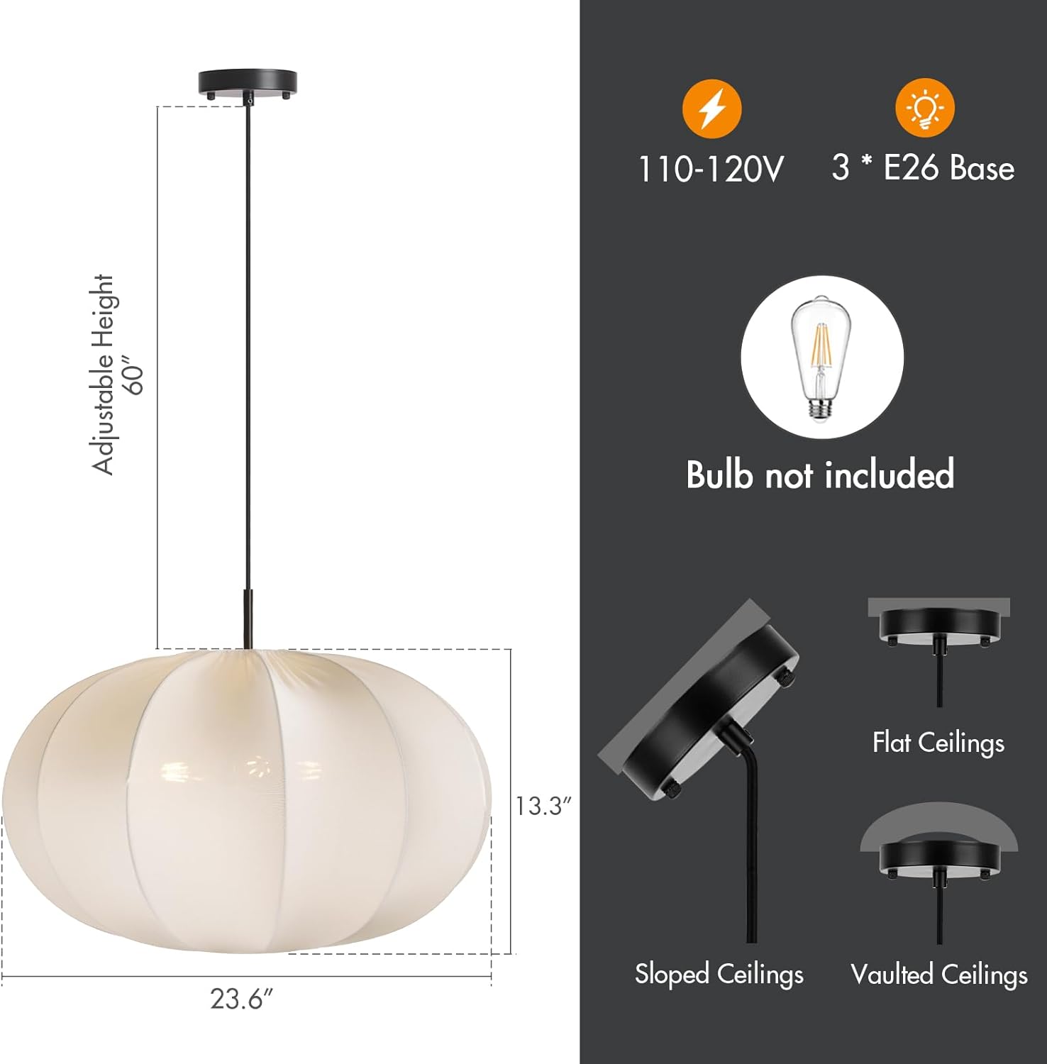 24 Inch Modern Chandelier with Stretch Linen Shade, Adjustable Height Pendant Light for Dining Room, Kitchen Island, Living Room, and Entryway Ceiling Light Fixtures