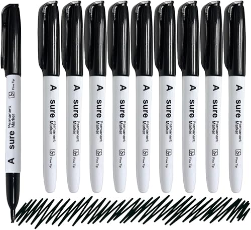 Paquete de 10 marcadores impermeables de fieltro permanente negro, punta fina, resistente a la decoloración, escribe en plástico, metal, vidrio y