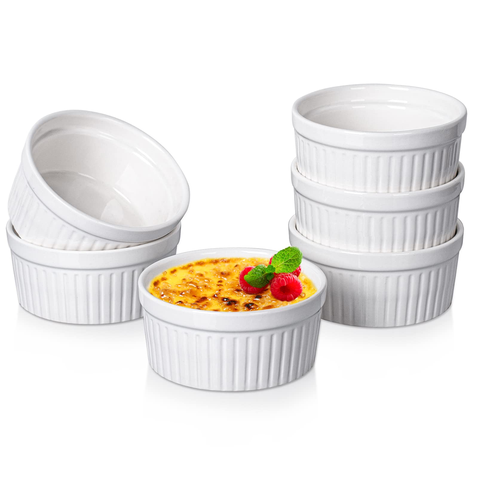 Delling Ramekins 8 Oz Oven Safe/Dessert/Ice cream/Snacks Bowls, Small Ceramic Creme Brulee Dishes for Baking, Souffle, Pudding, White Set of 6