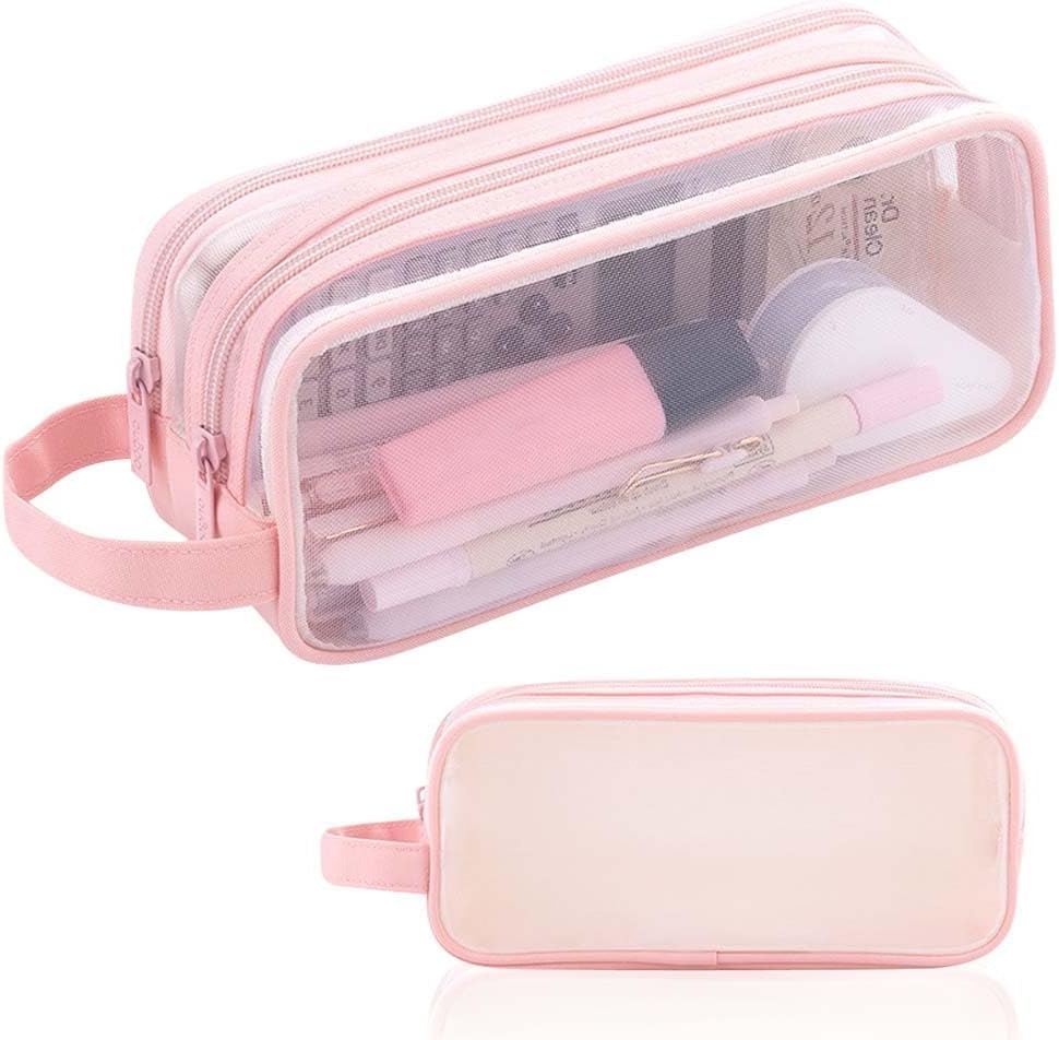 GINGER TECH Pencil Case Clear Mesh Pencil Pouch, Large Capacity Pencil Bag for Exam, 2 Compartment Pen Bag, Zipper Transparent Stationary Pen Cases for Student College Business Travel Office (Pink) โ image 1