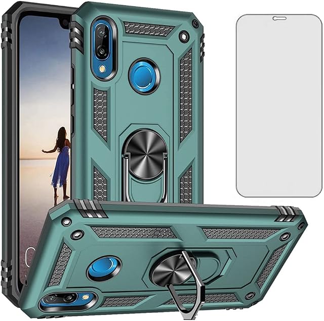 Phone Case for Huawei P20 Lite with Tempered Glass Screen Protector Cover Stand Ring Rugged Silicone Holder Hard Shockproof Heavy Duty Accessories huewai P20lite P 20 Hawaii Hwauei Nova 3E Dark Green
