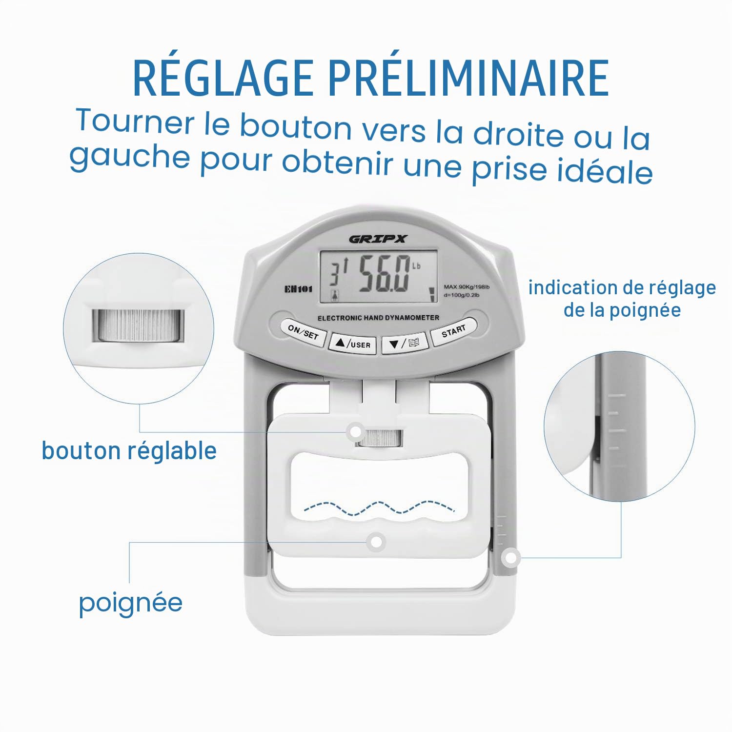 Dynamomètre à Main numérique Compteur de Mesure de la Force de la poignée à Capture Automatique de la Puissance de la poignée électronique 198Lbs / 90Kgs