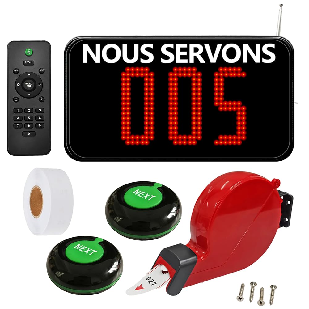 Gestion de File d'Attente (Appel en Français) | Afficheur de File d'Attente (3 Chiffres)+ Distributeur de Tickets (Rouge) + Tickets de File d'Attente (1 Rollo)+2 Bouton d'Appel +1Télécommande