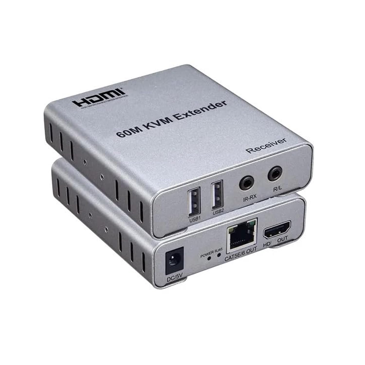 HDMI Extender 60m with KVM Audio Output IR Control Support USB Mouse and Keyboard Extension Over cat5e cat6 Cable, 60M HDMI KVM Extender Video Resolution up to 1080p - grey(K)-image-5