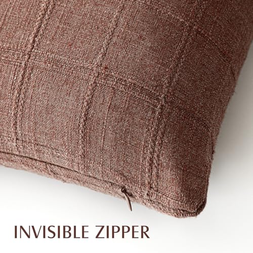 Image of Foindtower Set of 1 Decorative Linen Check Throw Pillow Cover Neutral Farmhouse Vintage Cushion Cover Modern Boho Home Decor for Sofa Chair Couch Bedroom Living Room,18x18 Inch,Autumnal Red