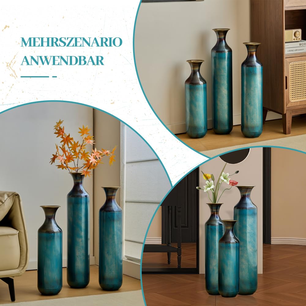 Metallvase 3er Set Vintage Bodenvase Mit Handgebrannter Optik Für Wohnzimmer Flur Und Moderne Wohndeko (Blue+Green + Metal)