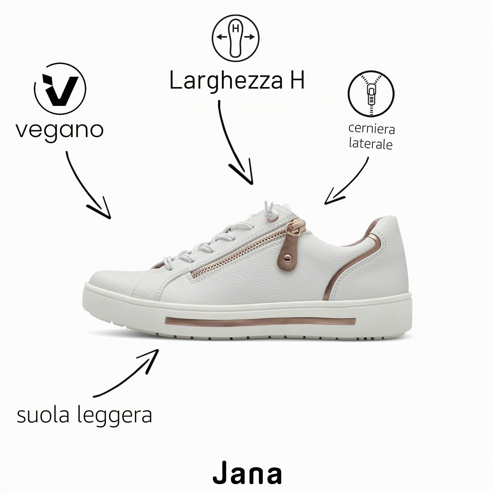 Jana Sneaker da Donna Basse con Cerniera Vegan