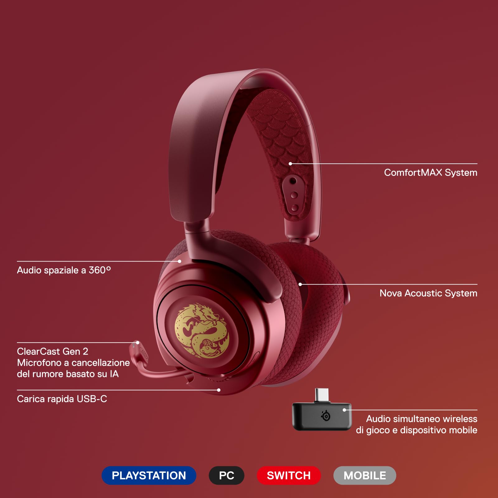 SteelSeries Arctis Nova 7 Wireless Cuffia da gaming multipiattaforma - Dragon Ed - Due set di auricolari - Dual Wireless da 2,4 GHz e Bluetooth - Batteria a carica rapida da 38 ore PC, PS, Switch