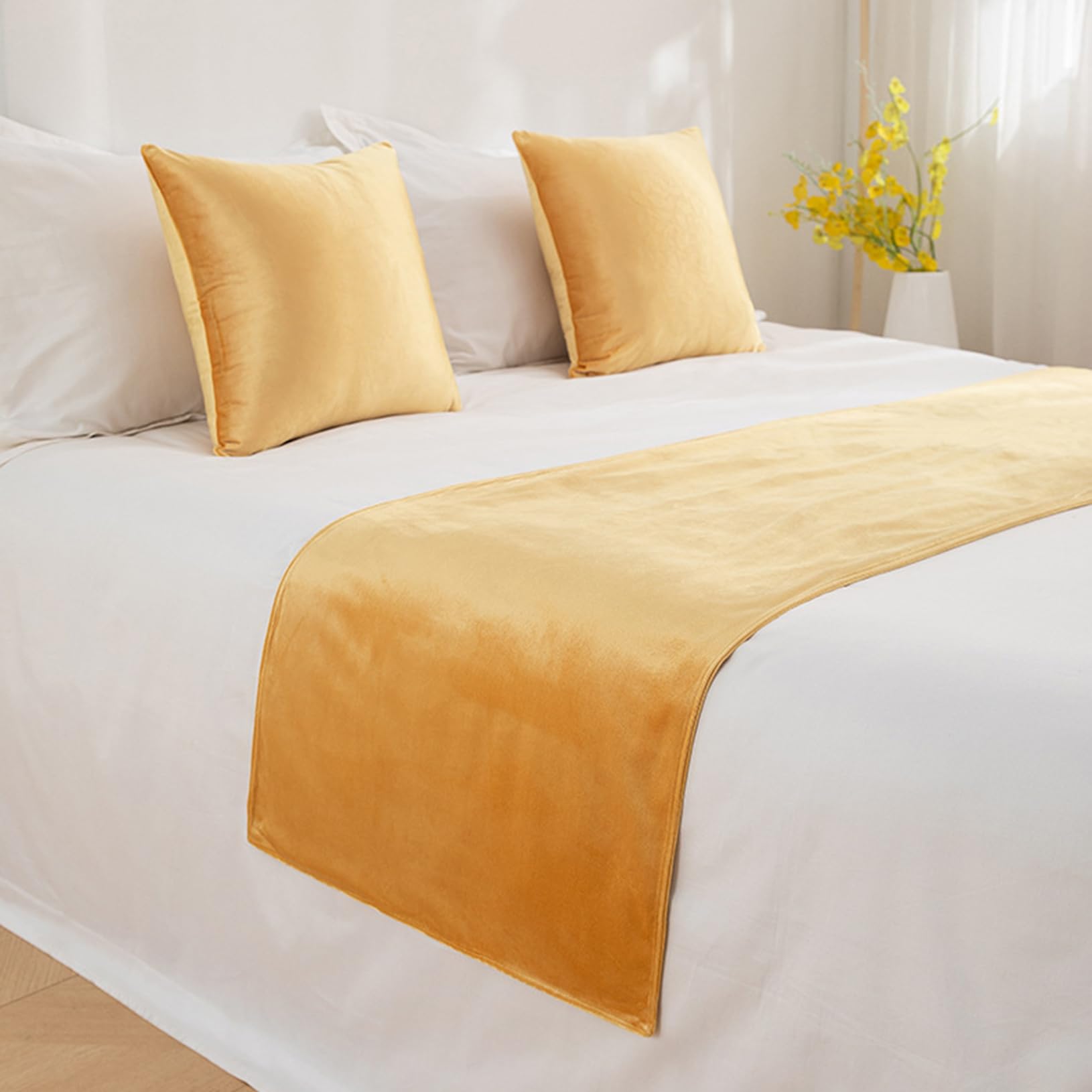 Ttiiloe Yellow Luxury Velvet Bed Runners, Double-Sided Bed Scarves Bed Cover Protection Bedspreads For Hotel Bedroom, 45 * 240Cm For 1.8M Bed