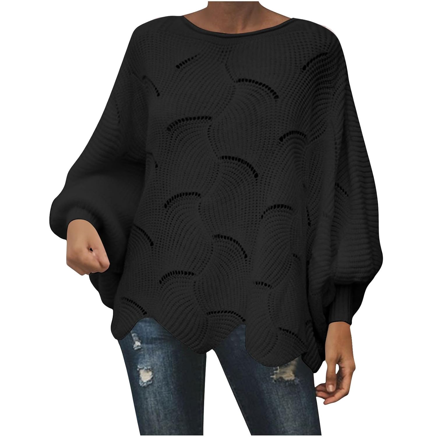 Womens Oversized Sweater Hollow Out Crochet Tops Batwing Long Sleeve Boat Neck Jumper Sweaters Irregular Hem Blouses