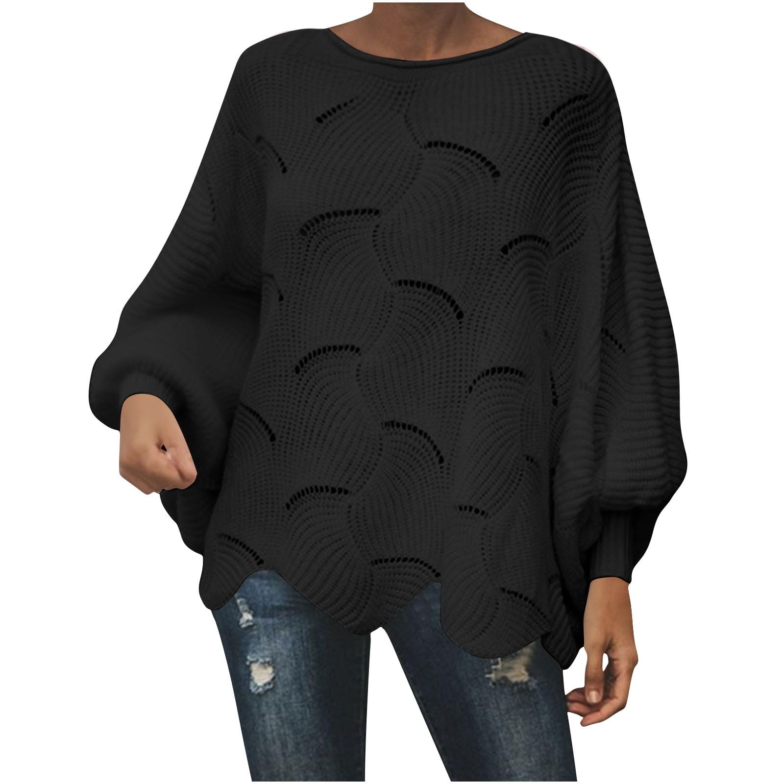 Womens Oversized Sweater Hollow Out Crochet Tops Batwing Long Sleeve Boat Neck Jumper Sweaters Irregular Hem Blouses
