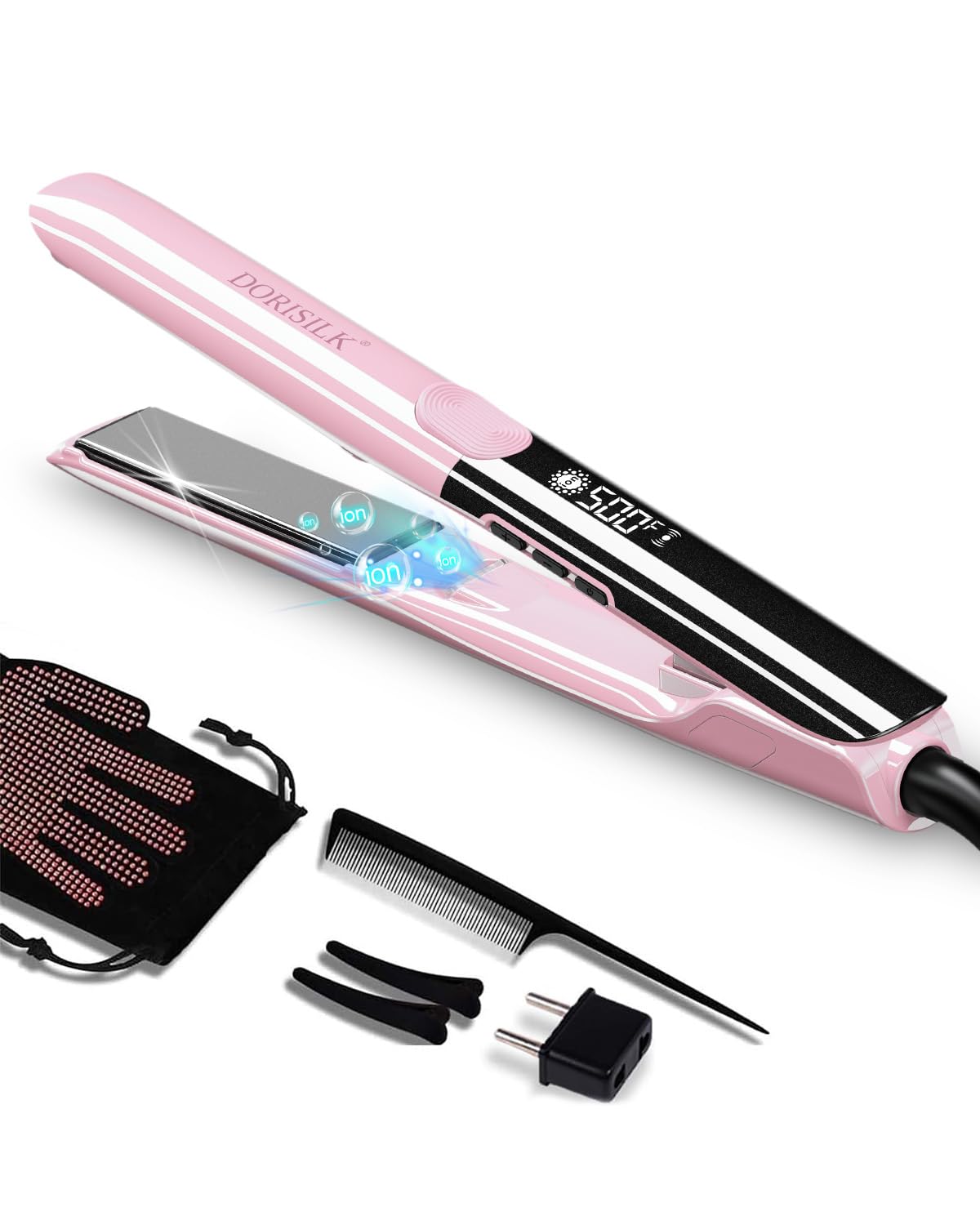 DORISILK 500 Degree High Temp Professional Hair Straightener，30s Fast Heating Ceramic Flat Iron ，2 in 1 Hair Straightener and Curler，Plasma Flat Iron Get Frizz-Free and Shiny(Pink)