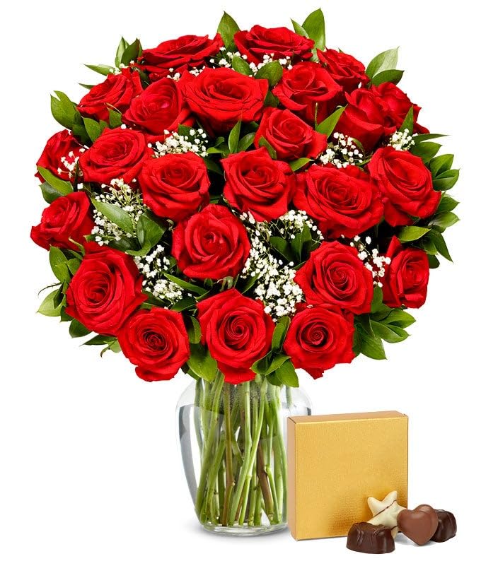 From You Flowers Two Dozen Red Roses With Chocolates Glass