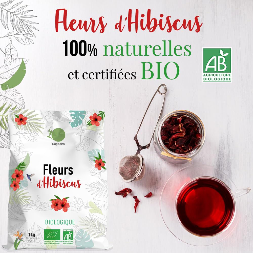 ORIGEENS HIBISCUS BIO 1kg Grade Supérieur | Fleur Hibiscus pour Bissap, Karkadé, Thé glacé, Infusion et Tisane | Infusion Detox Drainante | Fleurs d'Hibiscus Séchées Bio