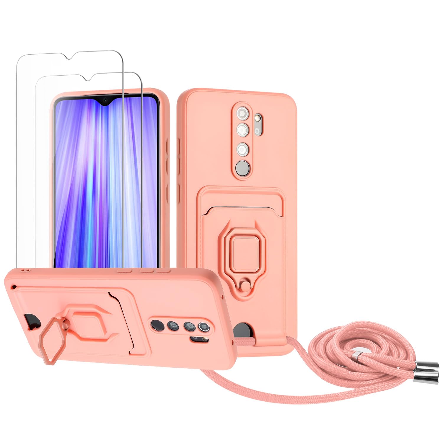 Zallagre Funda con Cuerda Compatible con Redmi Note 13 Pro 5G,[2 Packs Cristal Templado],Ranura para Tarjetas,Cubierta de Cámara Deslizante Proteger,360 Anillo Soporte-Morado — view 100