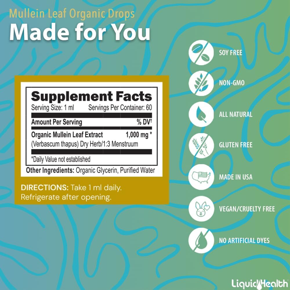 LIQUIDHEALTH USDA Organic Mullein Leaf Extract Drops for Lungs - Herbal Cleansing Drops for Smokers, Immune Support, Respiratory Health - 1000mg, Sugar-Free, Vegan, Made in USA (3 Pack)