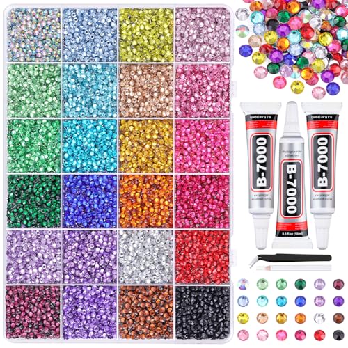 Image of 24000Pcs Resin Rhinestones for Bedazzling with Tweezers, Multicolor 3mm Rhinestones for Crafting with 3Pcs 10ml B7000 Jewelry Glue for DIY Crafts Clothing Tumblers Shoes Fabric Nail Art
