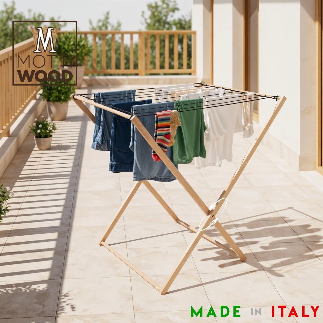 Premium Wäscheständer platzsparend, 8 m Aufhängungsfläche, Wäscheständer mit faltbarer Metallgitter, Größe 92x67x92 cm, Wäscheständer aus Buchenholz, hergestellt in Italien