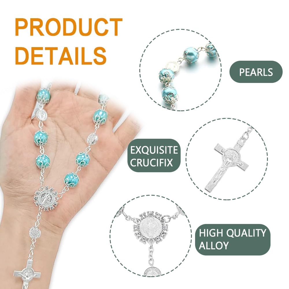 Zpana 2-Pack Rosary Cross Car Mirror Charm - Hanging Bead Pendant For Rearview Mirror Decor (White Flower)