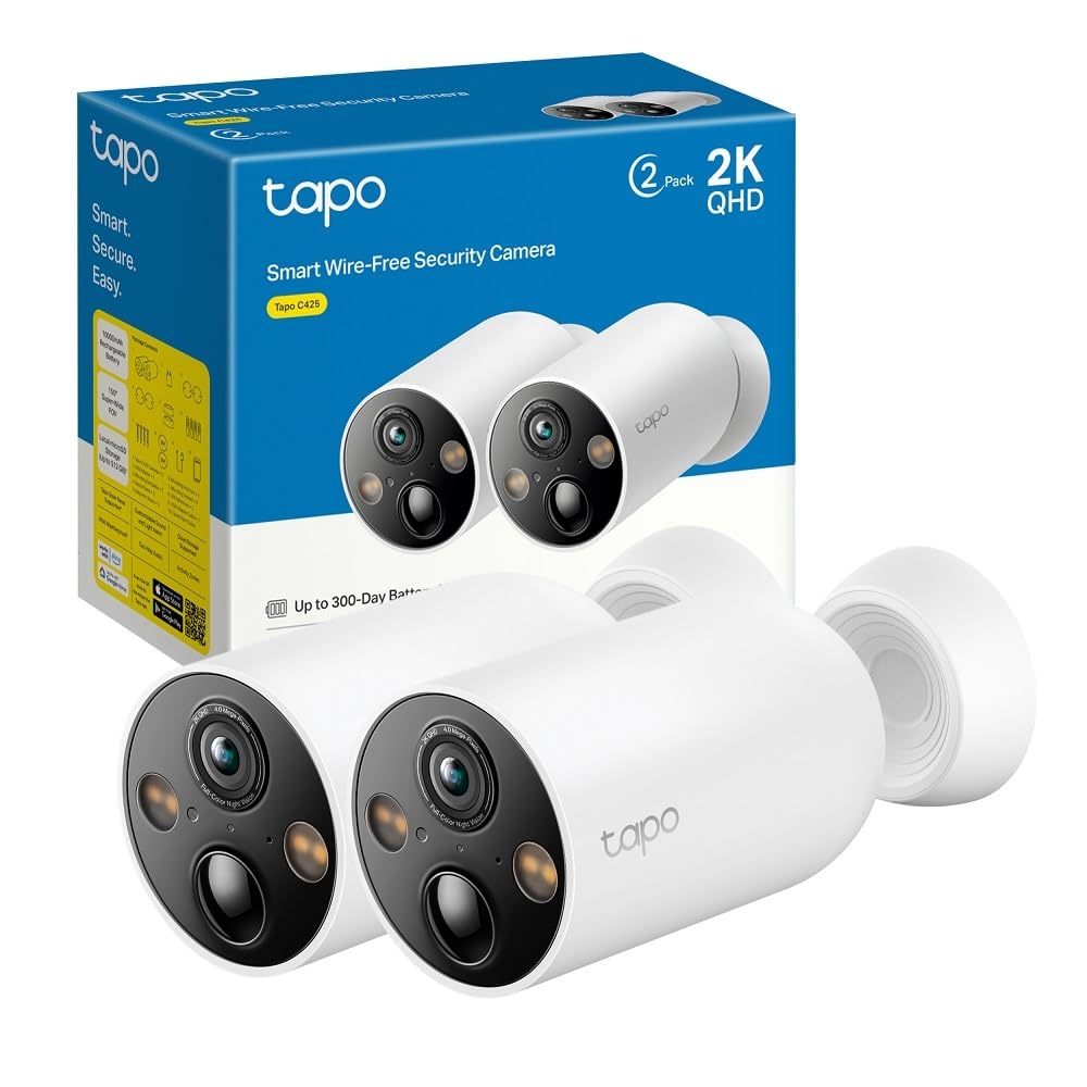 Tapo [2024 Nuevo] C425(2-Pack) - Cámara Wi-Fi de Batería para Exterior/Interior, 2K QHD, 10000mAh, IA Mejorada, Visión Nocturna a Color, Base Magnética, No Requiere Hub, Compatible con Panel Solar