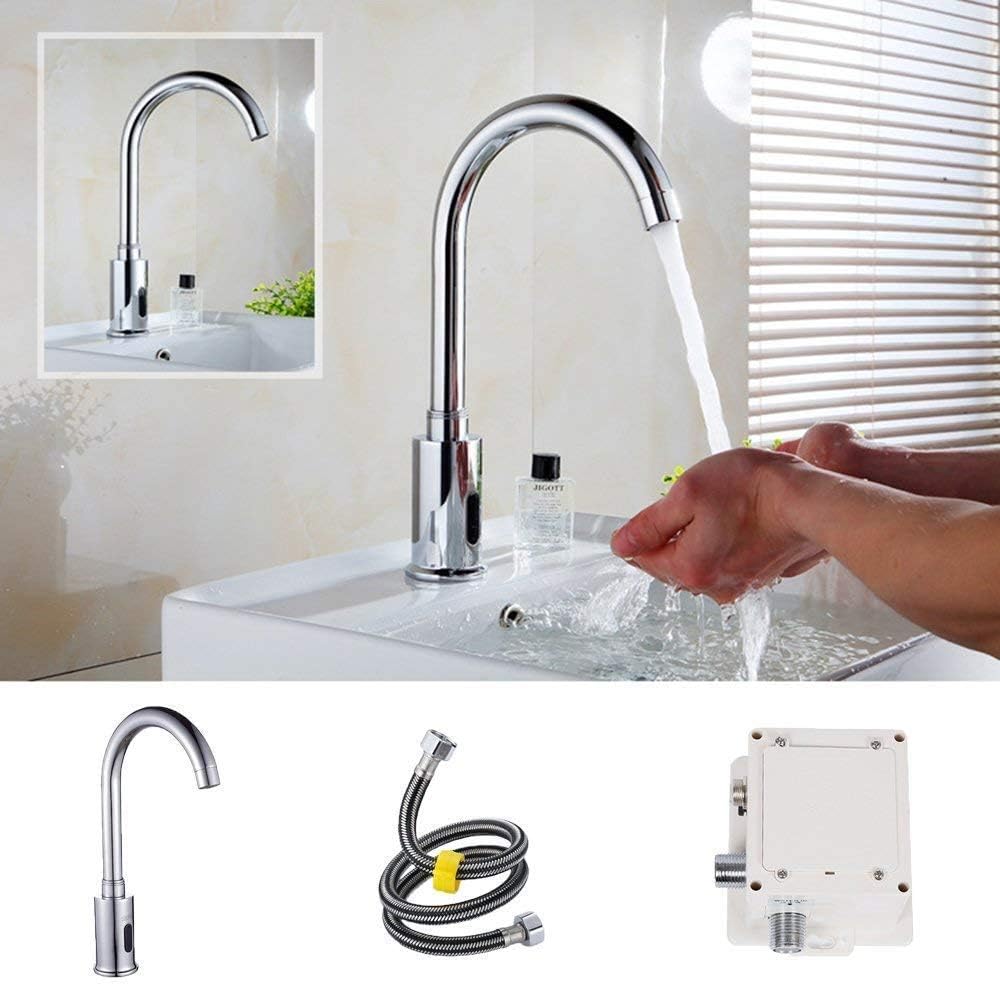 Touchless Temperature Automatic Sensor Bathroom Faucet Deck Mount Solid Brass Motion Activated and Touchless Kitchen Sink Faucet Matching Pop Up Drain with Overflow