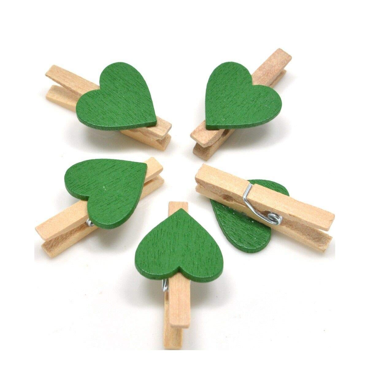 polybagstores PACK OF 100 - DARK GREEN Coloured Hearts On NATURAL 30mm Wooden Pegs - Mini Clip Metal Spring - Wedding Decor - 25 Colours To Choose From