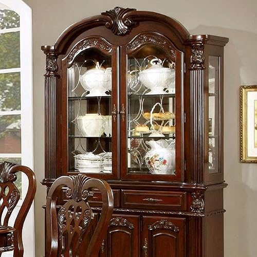First of a Kind Elana Hutch & Buffet - Traditional Brown Cherry Solid Wood Kitchen Hutch with Intricate Carved Details - Shelves & Drawers for Organized Storage Space