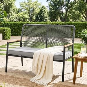 LIFERUN Gartenbank Rattan, 2-Sitzer Gartenstuhl Polyrattan, Sitzbank Outdoor, Gartenmöbel Metall und Rattan, mit 8 cm dicken Sitzkissen, WPC Armrest, Balkon Bank für Terrasse, Garten und Veranda, Grau