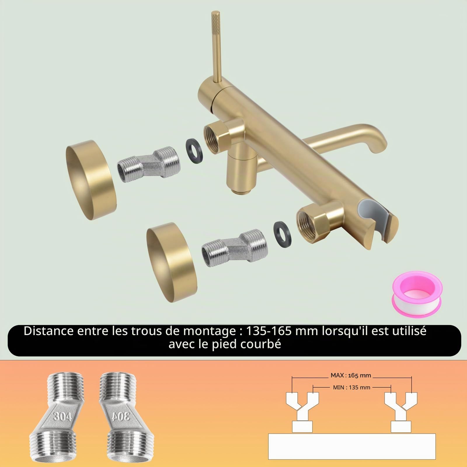 PHASAT Robinet de Baignoire Avec Douchette à Main, Mitigeur Douche Mural Baignoire bec Rotatif à 90°, Mitigeur Bain Douche Mural Or Brossé PTBG26E