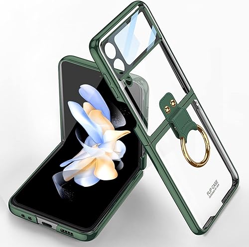 Miimall Funda para teléfono Samsung Galaxy Z Flip 4, Z Flip 4 con anillo + protector de pantalla de vidrio templado, funda protectora delgada de