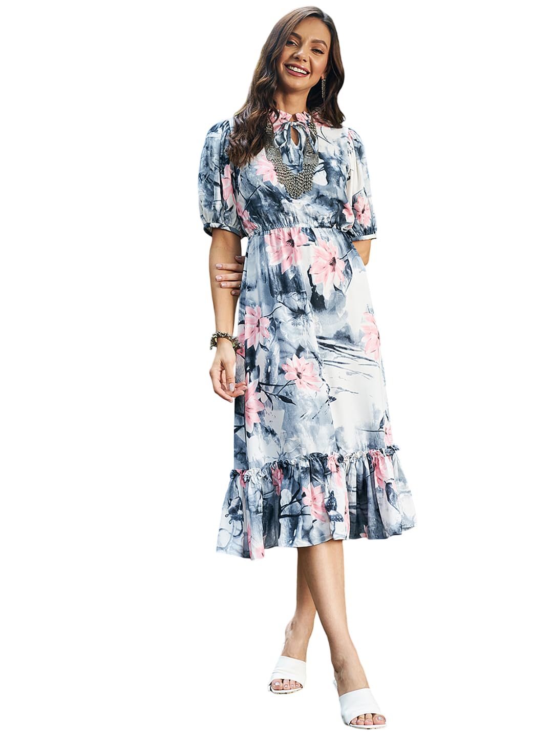 Athena Lifestyle Women and Girls Polyester Regular Fit and Flare Round Neck Block Print Midi Length Short Sleeve Grey Casual Dress Athena Lifestyle Women and Girls Polyester Regular Fit and Flare Round Neck Block Print Midi Length Short Sleeve Grey Casual Dress