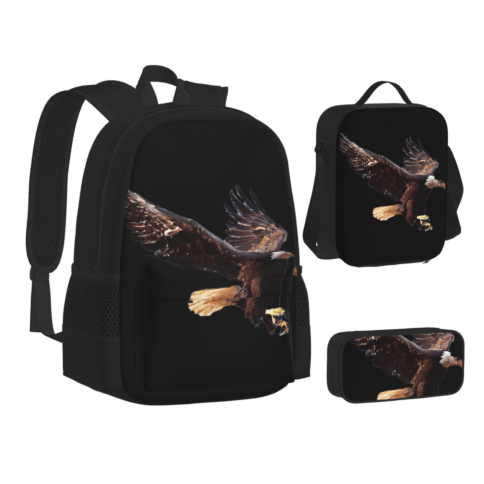 Juego de 3 mochilas escolares con estampado de águila, mochila para laptop resistente al agua de gran capacidad con bolsa de almuerzo aislada y estuche para lápices para adolescentes de