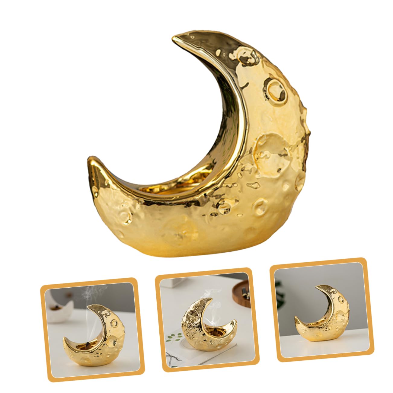 Eleganter Keramischer Mond Räucherstäbchenhalter für Aromatherapie | Goldfarbenes Design, für Zuhause und Saunaraum, Kunstvolle Form, Langlebige Verarbeitung