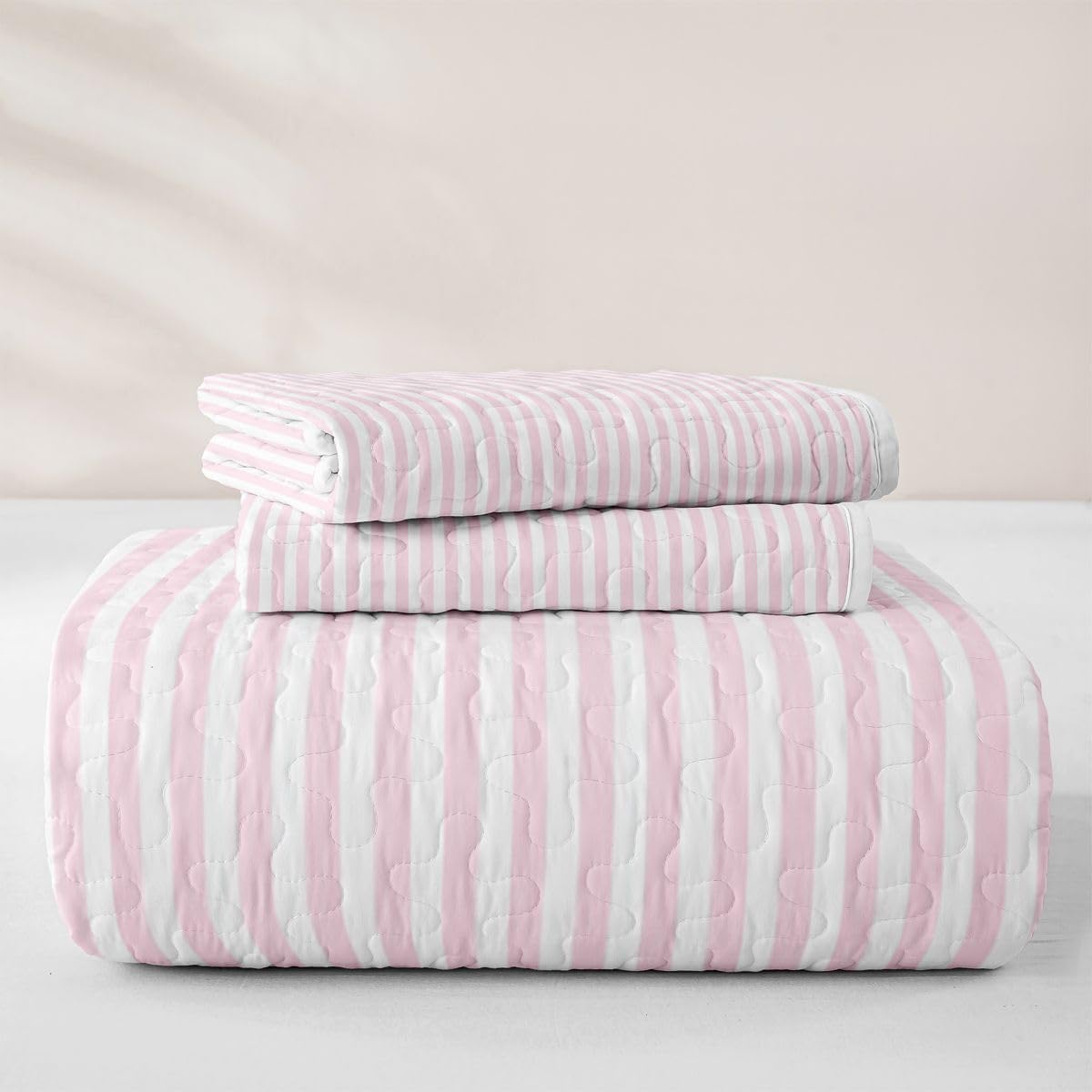 Erosebridal Pink White Stripe Quilt Set King Geometric Striped Quilted Bedspread Farmhouse Ticking Stripes Quilt Teens Horizontal Stripes Modern Abstract Lightweight Coverlet Bedding Set