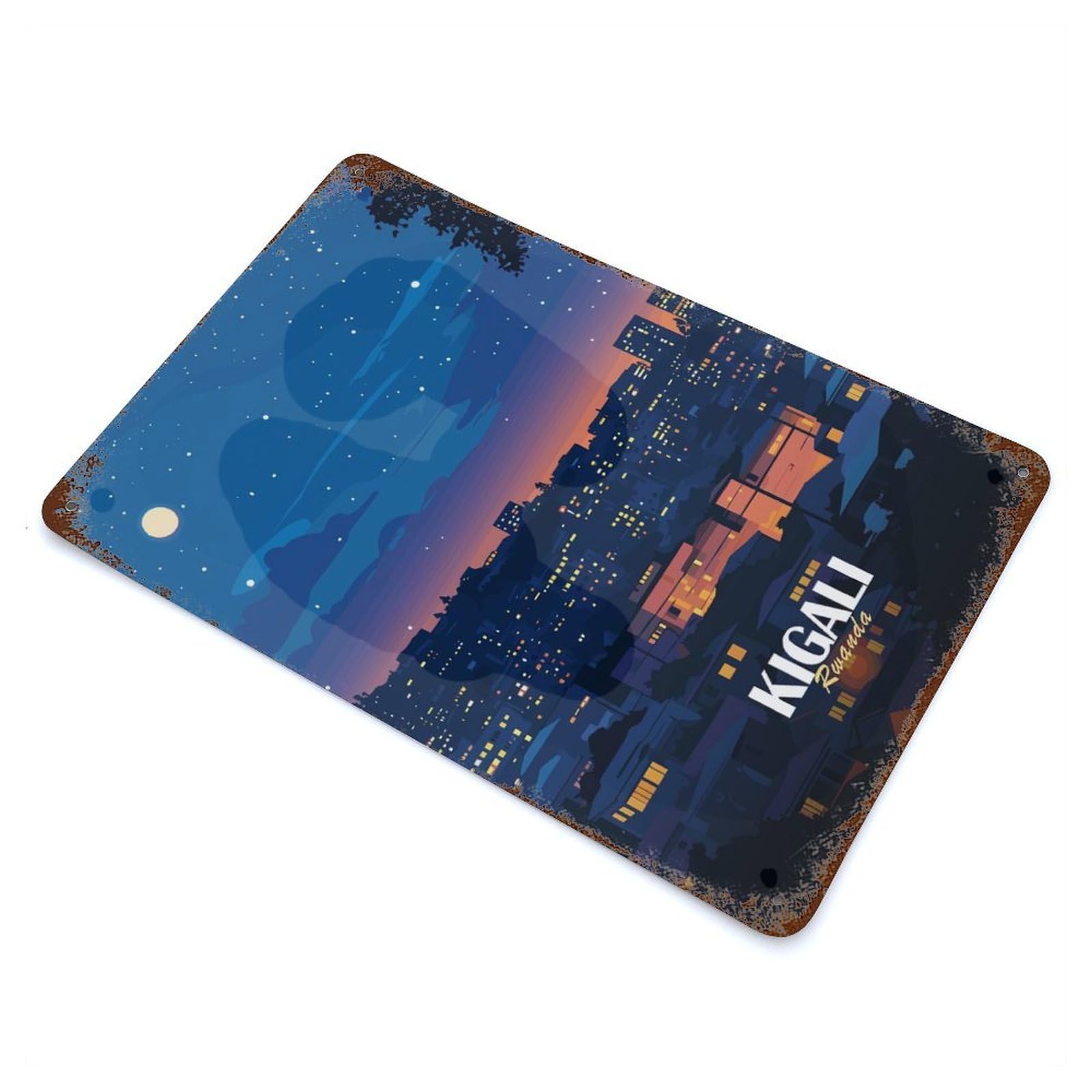 Garage Style Kigali Rwanda Cityscape at Night Vintage Rust Metal Sign 11.8"x7.9", Vintage Wall Decor for Bar And Workshop