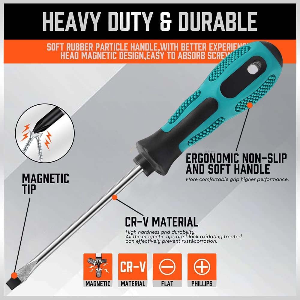 10pcs Screwdriver Set,Heavy Duty Chrome Vanadium Steel Made,Magnetic Screwdriver with 5 Cross& 5 Flat Head,Muti Purpose Screwdriver Kit in Carry Bag Package