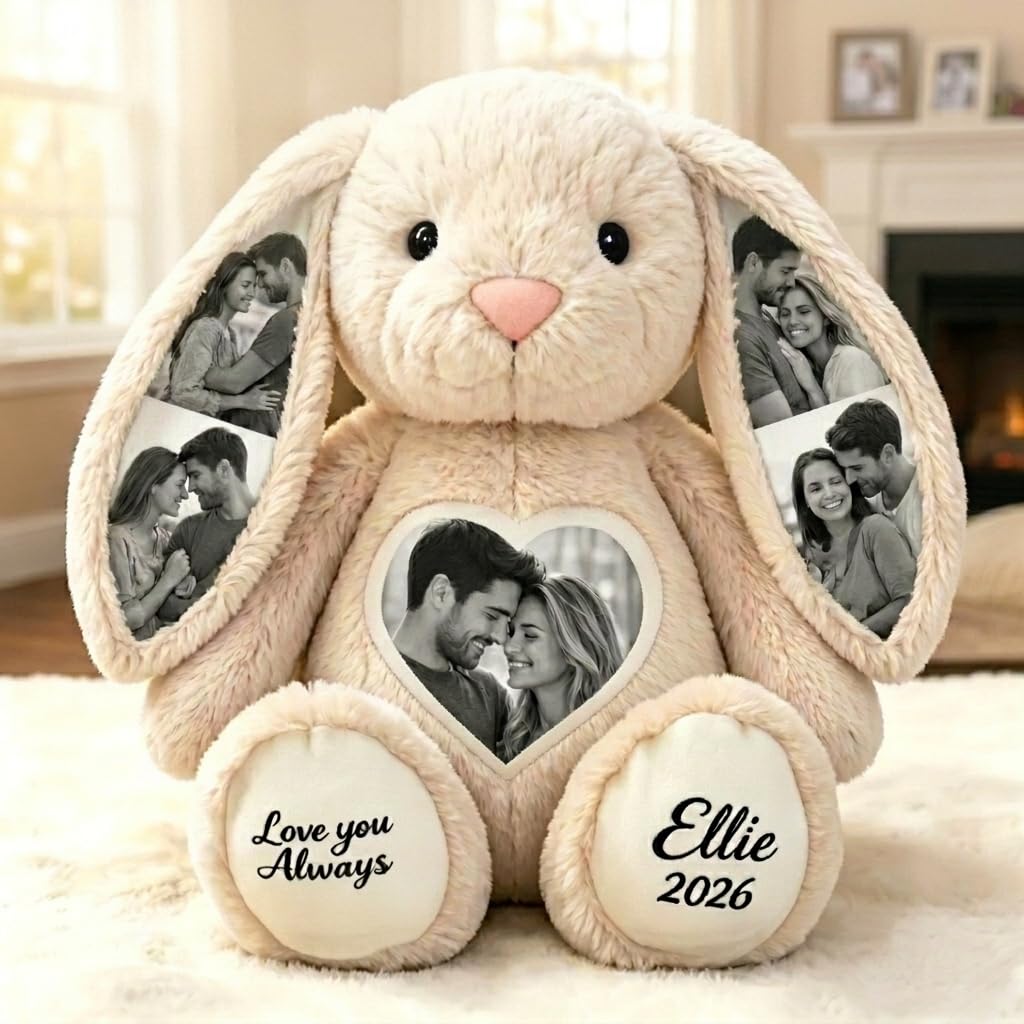 Personalised Photo Memory Bunny Customised Rabbit Teddy Plush Keepsake with Hidden Pictures in Ears Personalised Birthday Anniversary Wedding Gifts for Women Men Her Friend 26cm/40cm (Colour6)