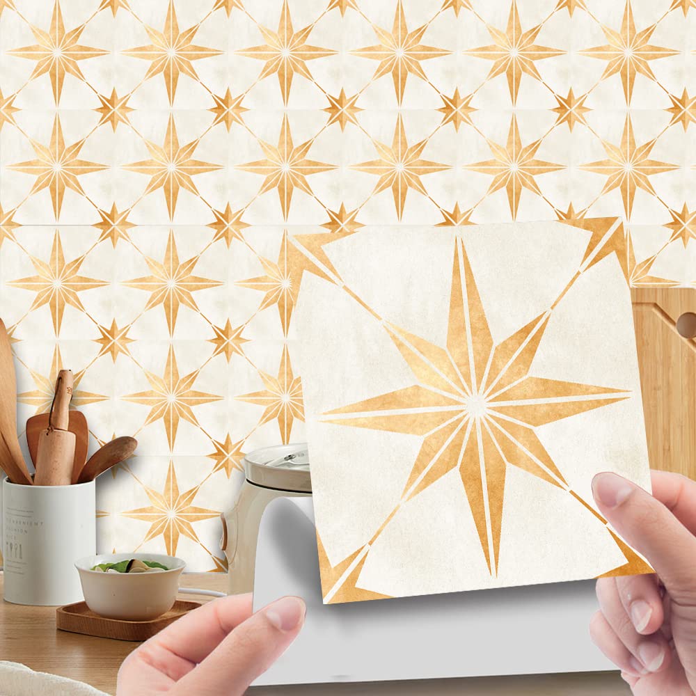 Moroccan Tile Stickers for Kitchen， Tile Stickers Orange Beige Stars Self Adhesive Waterproof Oil-Proof 10 Pcs Multiple Sizes(10 Pcs/20x20cm)
