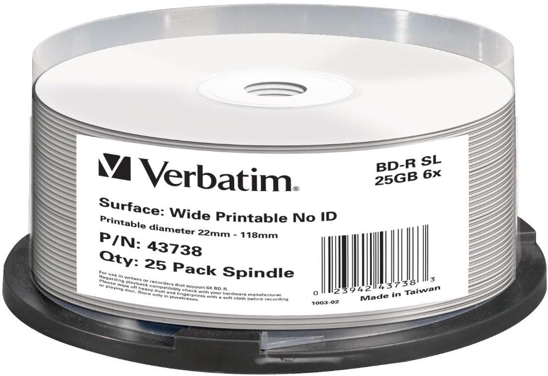 Verbatim 43738 25GB BD-R SL Printable - 25 Pack Spindle